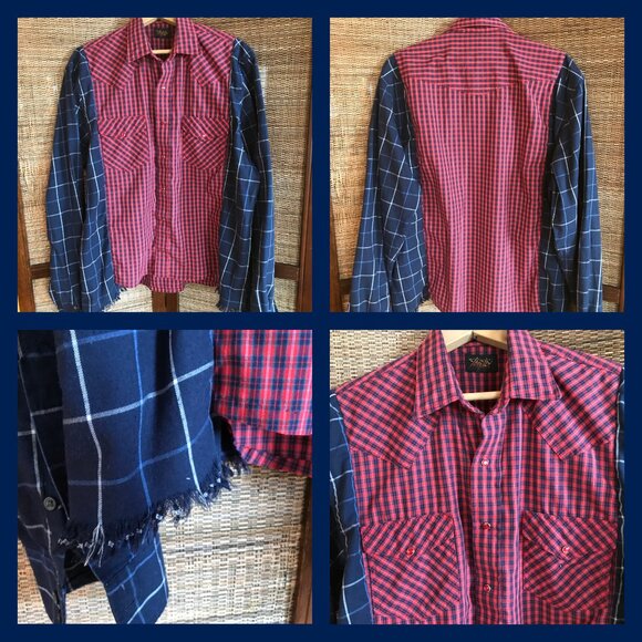 Upcycled Plaid Western Shirt, M to L: Oversized Mixed Print Top, Snaps Fringe - Picture 10 of 10